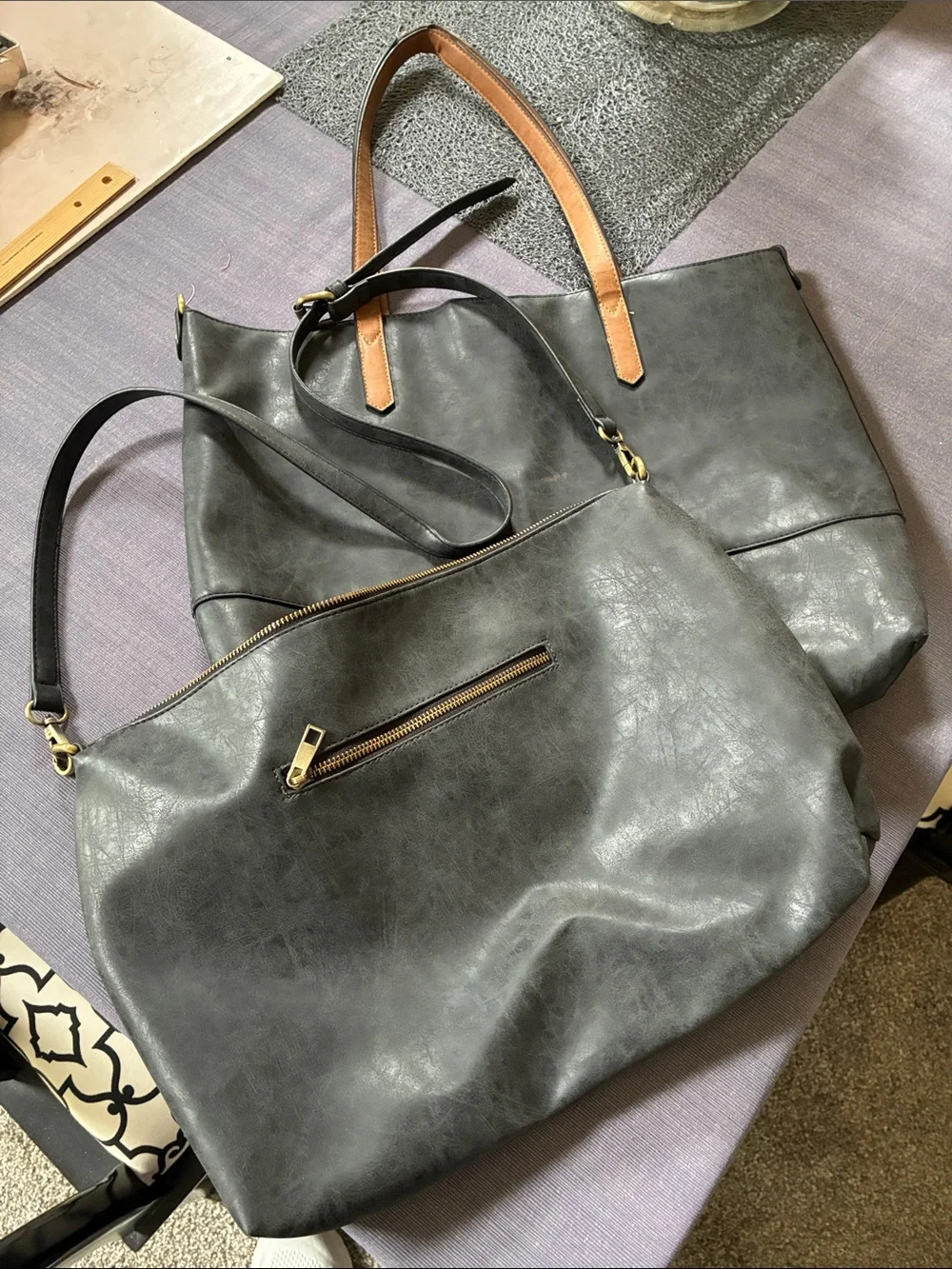 Classic Grey Faux-Leather Tote with Tan Handles - Versatile Everyday Bag
